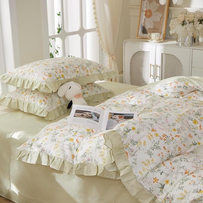 mixinni 100% Cotton Duvet Cover Set Queen, Reversible Spring Floral Ruffle - Image 4