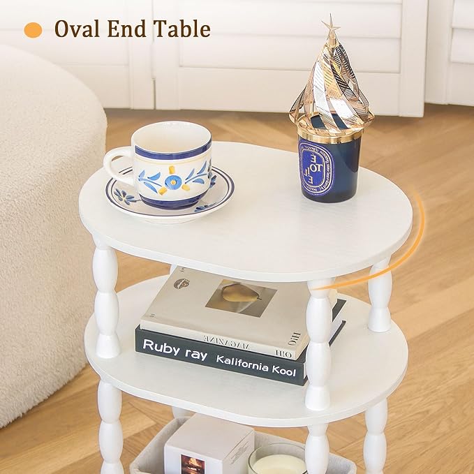 MaxSmeo White Side Table, 3-Tier Small Oval End Table, Modern Night Stand Wood - Image 5