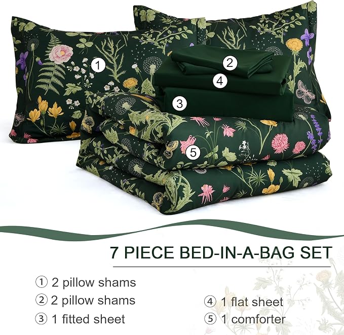 Yiran Dark Green California King Comforter Set, 7 Piece Summer Floral Comforter - Image 7
