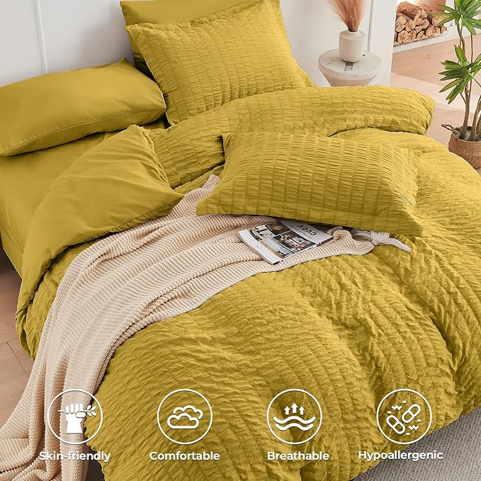 HYMOKEGE Mustard Yellow Queen Comforter Set Seersucker 7 Pieces, All Season - Image 3
