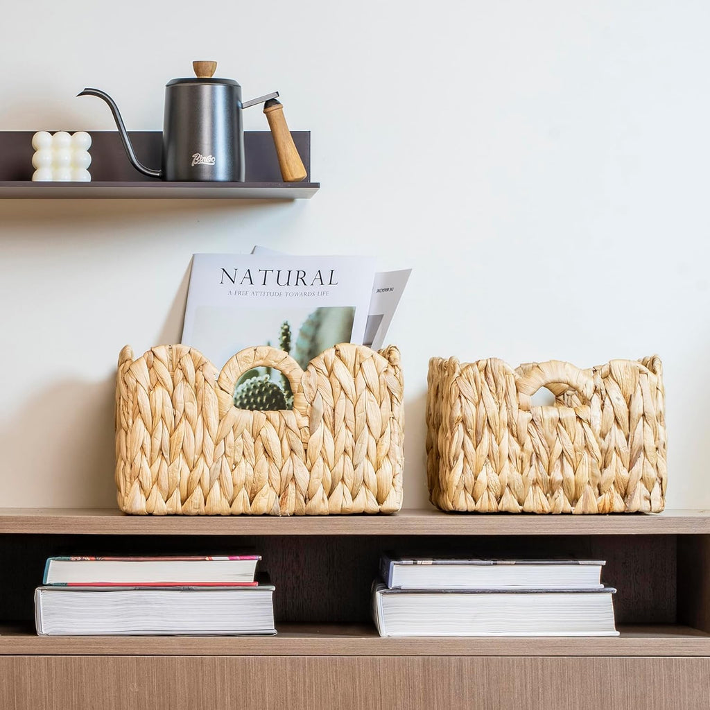 Scalloped Basket Wicker & Rattan Storage Basket with Built-in Handles, Large Woven Water Hyacinth for Nursery & Bathroom Organization 2 Pack