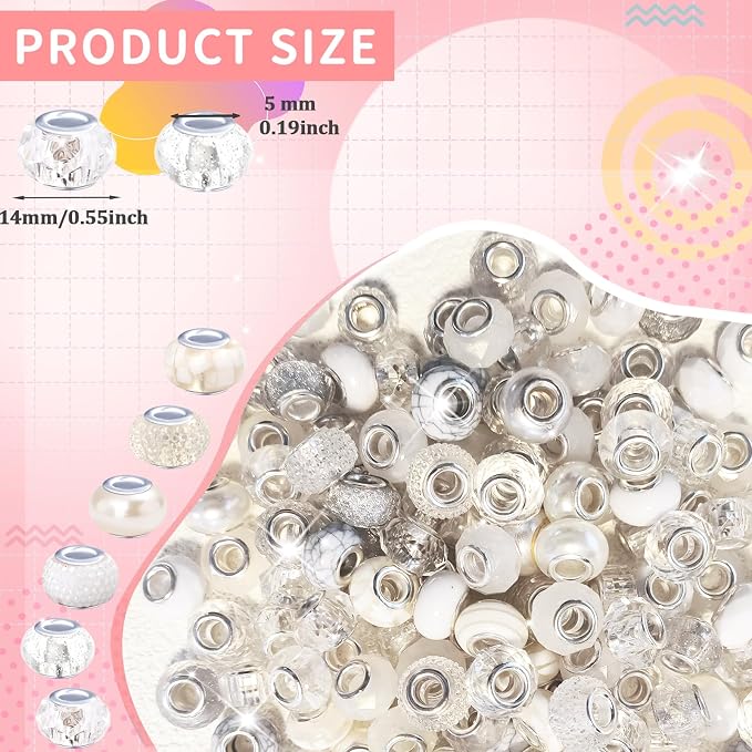 60Pcs Large Hole Beads Spacer Beads White Assorted European Craft Big Beads - Image 2
