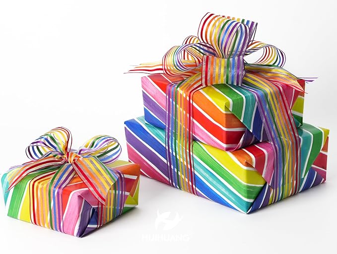 HUIHUANG Rainbow Stripe Sheer Wired Ribbon 2.5 inch Multi-Colored Stripes Wire - Image 3
