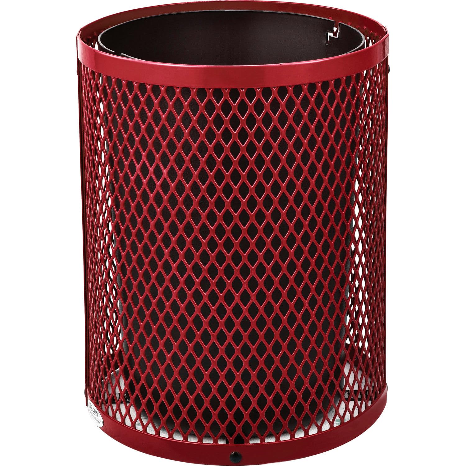 Global Industrial 36 Gallon Outdoor Steel Trash Can with Dome Lid and Raised Base, Plastic Liner and Anchor Kit Included, 23-1/2" Diameter x 43" H, Powder Coat Finish, Unassembled, Red