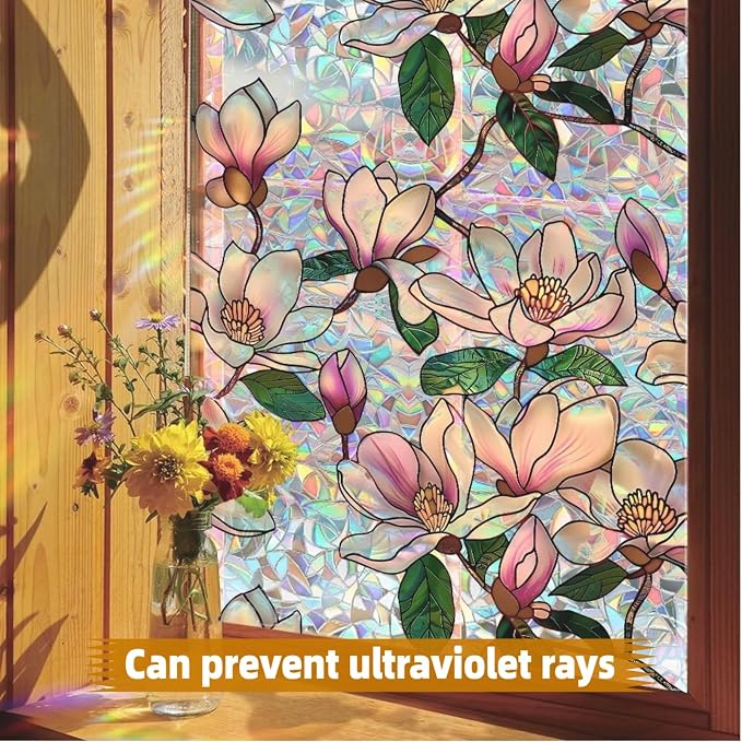 Retro Flowers Window Privacy Film, Magnolia Stained Glass Decorative Window Film - Image 2