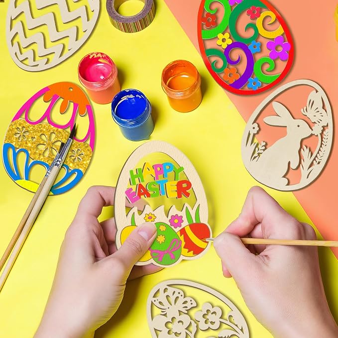 36PCS Wooden Easter Ornaments to Paint, 6 Styles DIY Blank Unfinished Wood Egg - Image 2