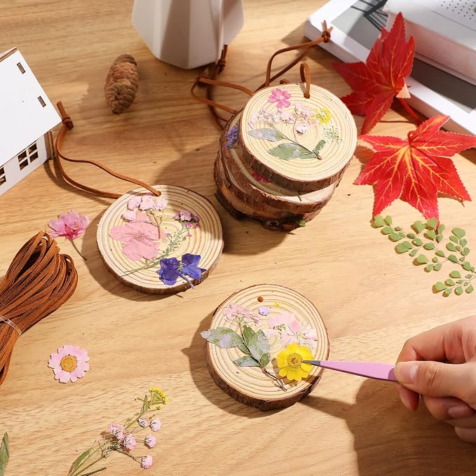 20 Set DIY Wooden Crafts with Dried Pressed Flowers Leaves Unfinished Wood - Image 6