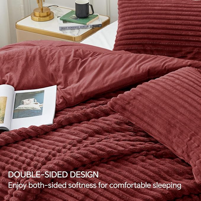 BEDELITE Fleece Full Comforter Set -Super Soft & Warm Fluffy Burgundy Bedding - Image 4