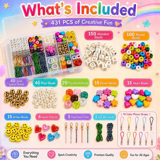 431PCS DIY Beaded Keychain Making Kit, Bag Charm Making Kit | A-Z Alphabet Beads - Image 3