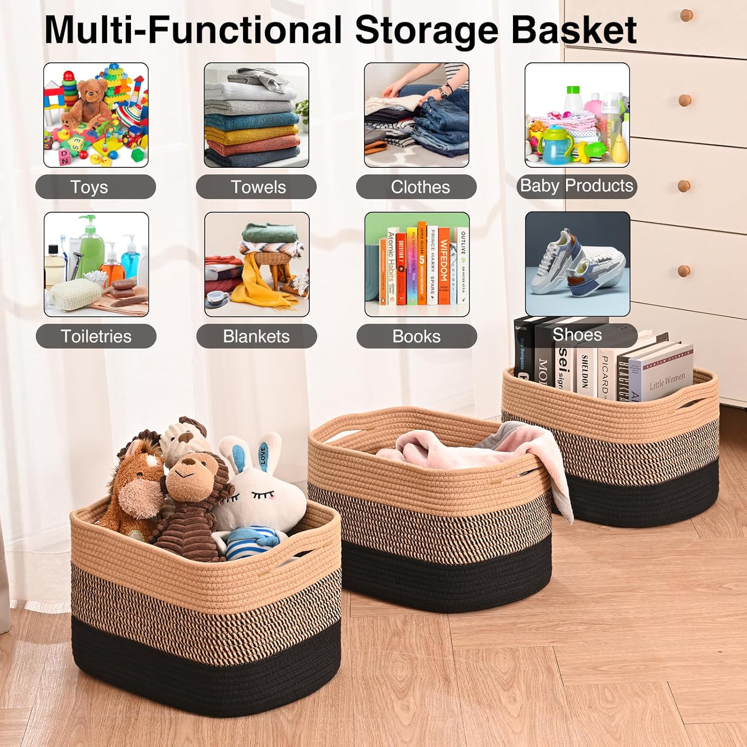 Storage Baskets for Organizing Shelves, Decorative Baskets for Storage, Woven Cotton Rope Basket for Living Room Bedroom Nursery, 15"x11"x9.5", 3 Packs, Gradient Black & Jute