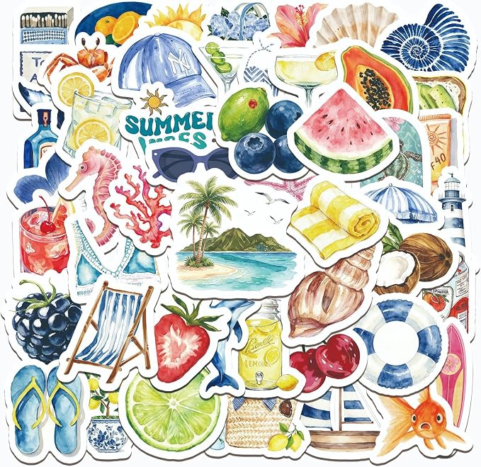 50 Pcs Watercolor Summer Beach Stickers, Tropical Ocean Fruit Sea Creature - Image 2