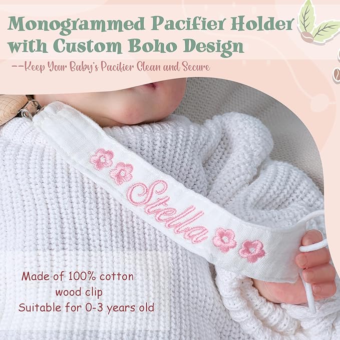 Personalized Bohemian Pacifier Clip Embroidered with Name is The Perfect Newborn Gift Made from eco-Friendly Bamboo! (Turmeric)