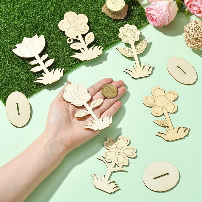 30 pcs 6 Styles Spring Flower Theme Unfinished Wooden Cutout Charms Cute Floral - Image 4