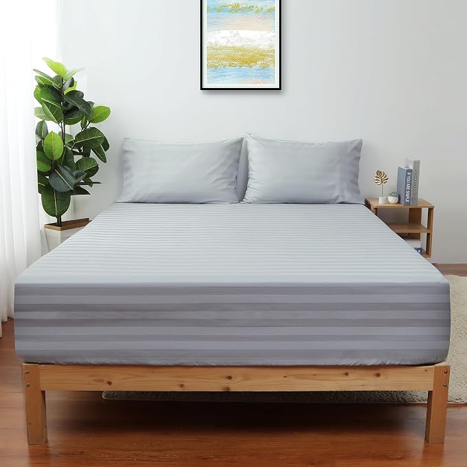 King Size Striped Fitted Sheet Only Gray Color, 100% Egyptian Cotton 600 Thread by ShunjieHome