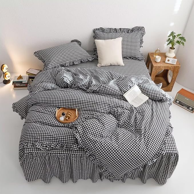 mixinni Black White Gingham Ruffle Duvet Cover Twin Size 3 Pieces – 100% Washed - Image 2
