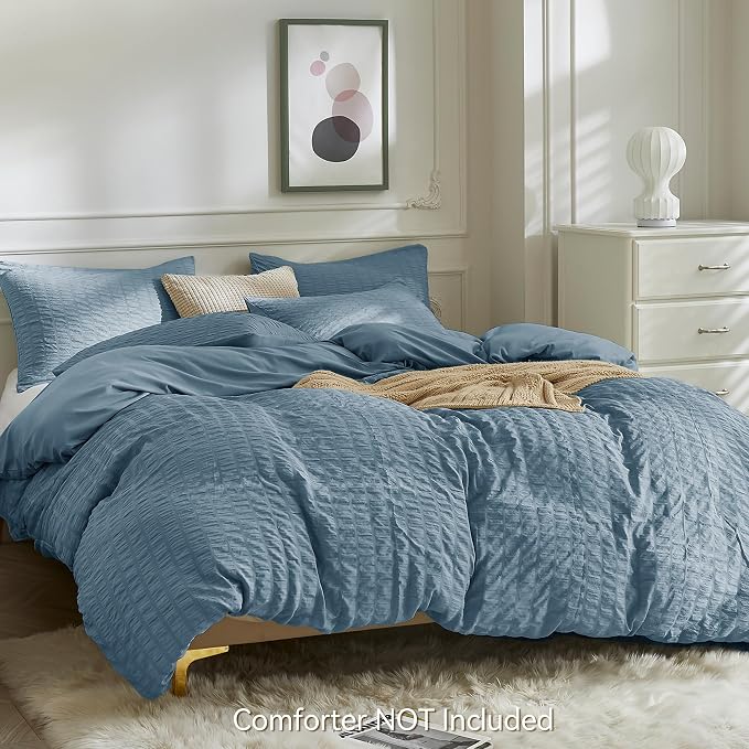 JELLYMONI Sierra Blue Duvet Cover King Size, Soft Breathable Seersucker Duvet - Image 3