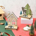2 pcs 2 Styles Christmas Candlestick Theme Wooden Bases House Deer Tree Wood - Image 5