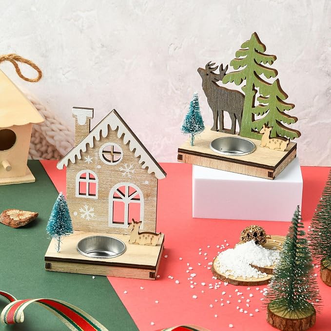 2 pcs 2 Styles Christmas Candlestick Theme Wooden Bases House Deer Tree Wood - Image 5
