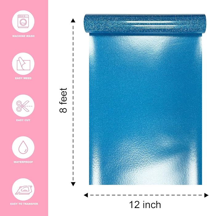 Sky Blue Glitter Heat Transfer Vinyl 12" x 8 ft HTV - Image 2