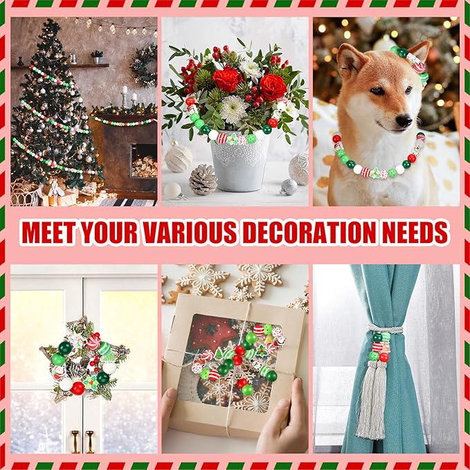 FairySandy 240 Pcs Christmas Wooden Beads Craft 0.63 Inches Hanging Red Green - Image 5