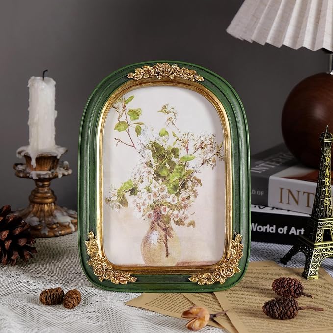 Cuspin Vintage 5x7 Picture Frame Green and Gold Frames, Ornate Arch Picture - Image 3
