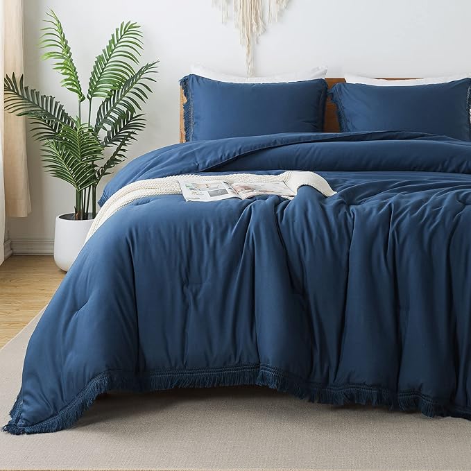 Andency Navy Blue Comforter King Size, 3 Pieces Boho Tassel Lightweight Bedding by Andency