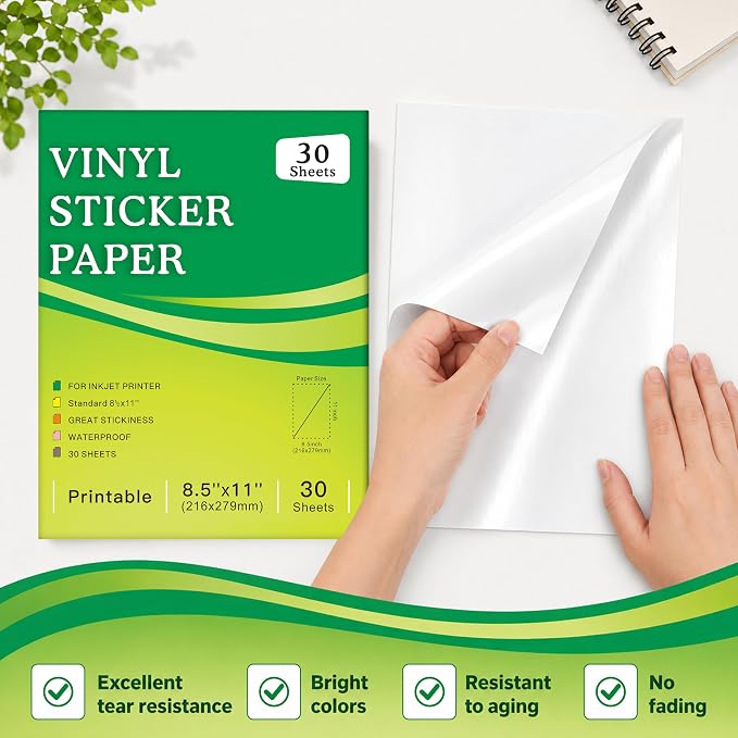 Aevdor 30-Sheet Glossy White Printable Vinyl Sticker Paper, Inkjet | Glossy - Image 3