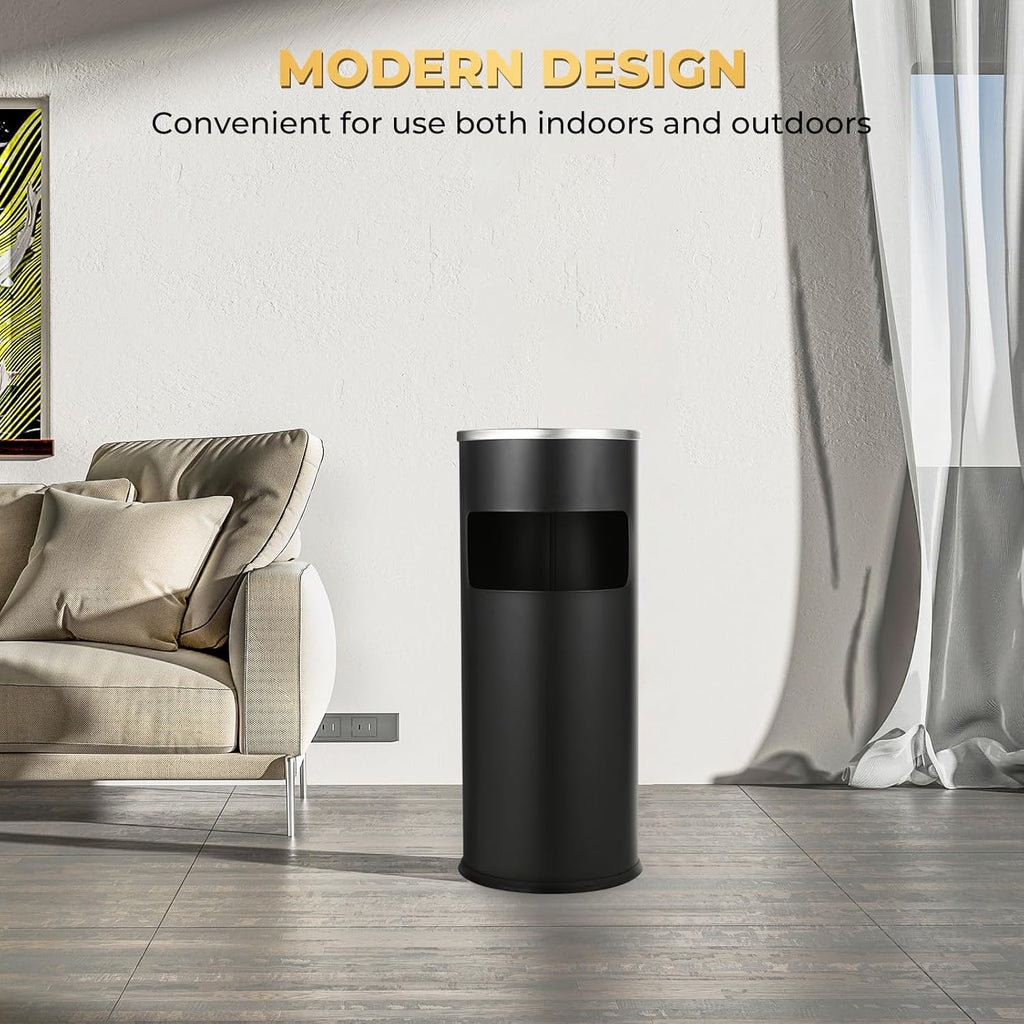 Trash Can Outdoor Waste Container Round Stainless Steel Trash Can with Removable Inner Bucket for Disposal Commercial Waste Container with Hollow Tray 9.8‘’ x 24‘’-Black