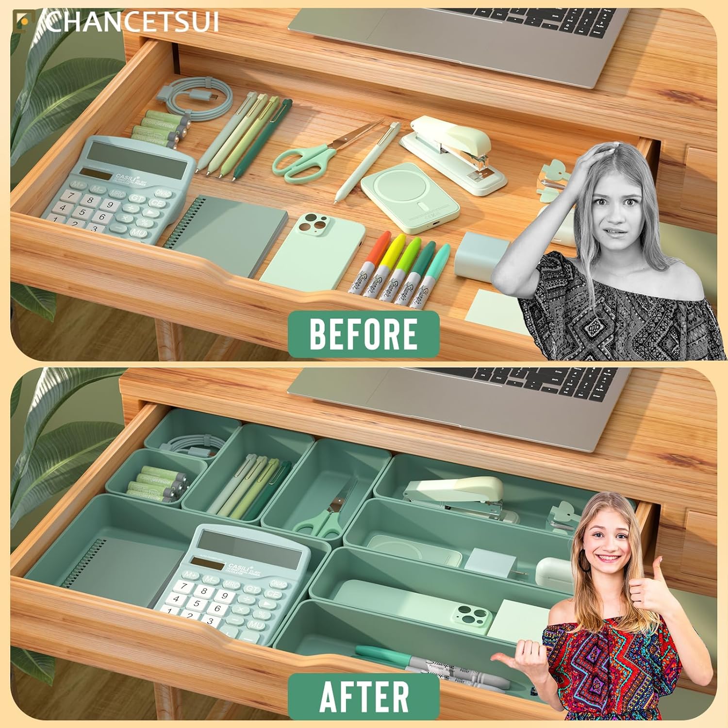 CHANCETSUI 9 Pcs Stackable Drawer Organizer Trays Set, Green, Multifunctional Storage for Vanity, Bathroom, Kitchen, Desk Drawer Organizer Office, PET Plastic