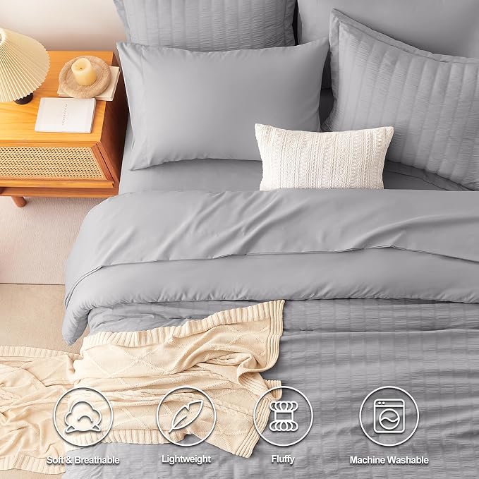 CozyLux Oversized King Comforter Set Grey, Seersucker 7 Pieces 120x98 Bed in a - Image 2