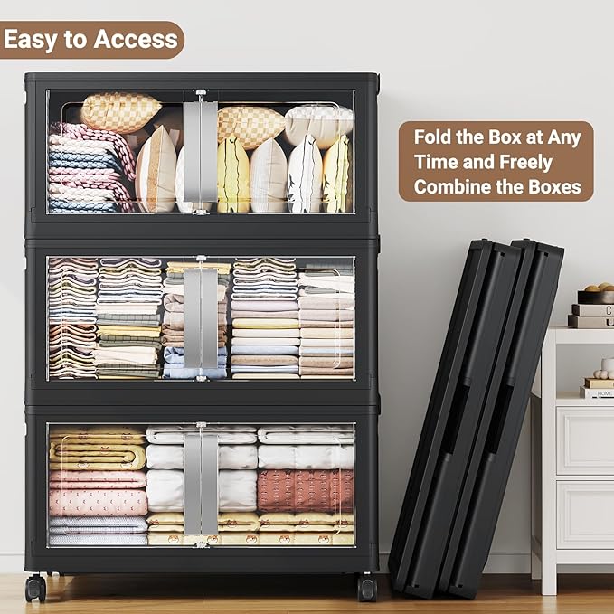 BROVIEW 160QT Stackable Storage Bins with Lids, 40Gal Extra Large Collapsible Storage Box with Wheel, Plastic Storages with Clear Door Open Front for Home Kitchen Garage, Black-1pack