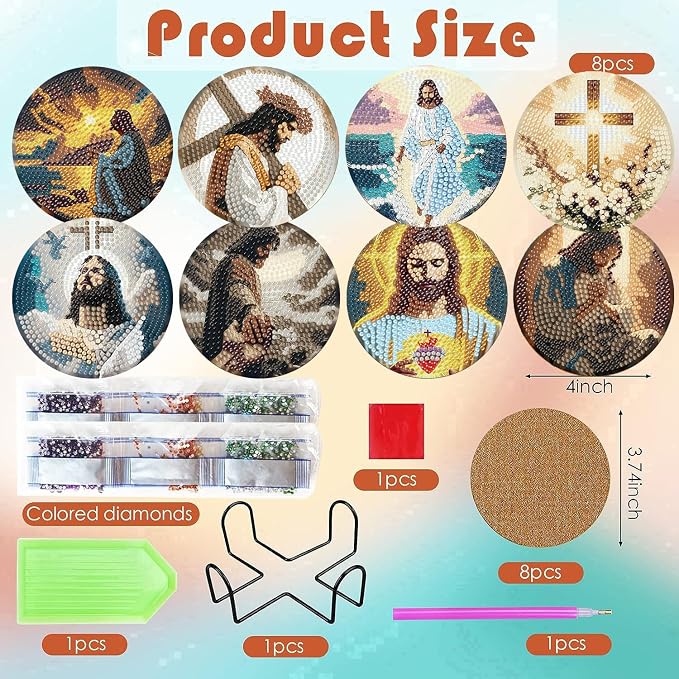 ijbnhd 8 Pcs Diamond Art Coasters Kits Jesus Diamond Painting Coasters | - Image 3