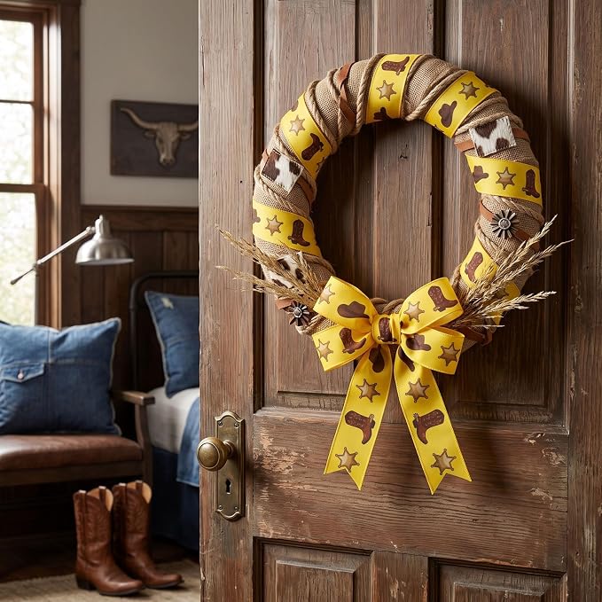 4 Rolls Cartoon Western Wired Edge Ribbon, 2.56 Inch Cow Print Sheriff Star - Image 3