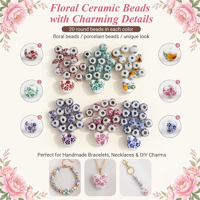 Ceramic Beads, Heart Beads, Round Porcelain Beads 8 mm Multicolor Flower - Image 6