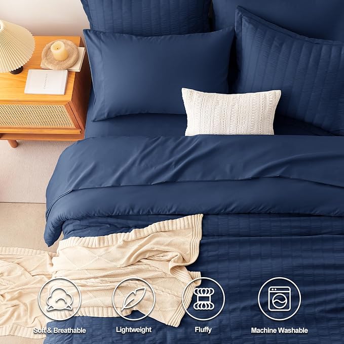 CozyLux Oversized Queen Comforter Set Navy Blue Seersucker 7 Pieces 98x98 Bed - Image 2