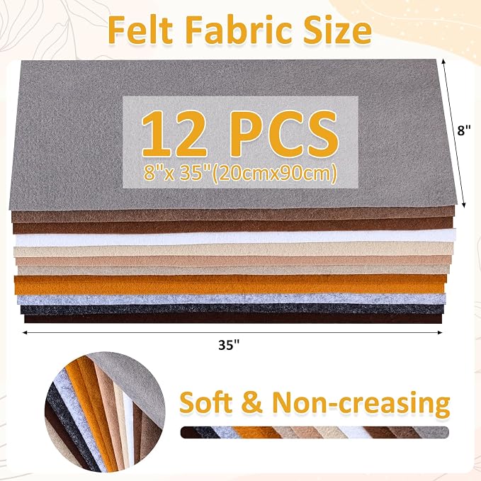 12 Rolls 8"x35" 1.4mm Thick Soft Felt Fabric Sheet 12 Assorted Brown Series - Image 3