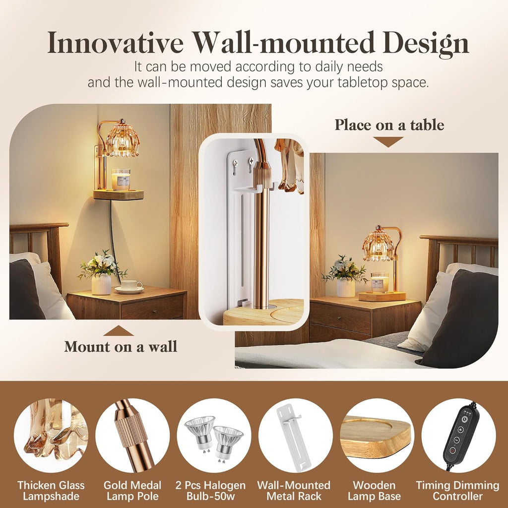 Candle Warmer Lamp with Timer Dimmer, Modern Wax Warmer for Scented Wax Jar Candle Warmer with 2 Bulbs, Adjustable Height Glass Lamp for Gifts for Women, House Warming Gifts, Home Decor, Gold Amber