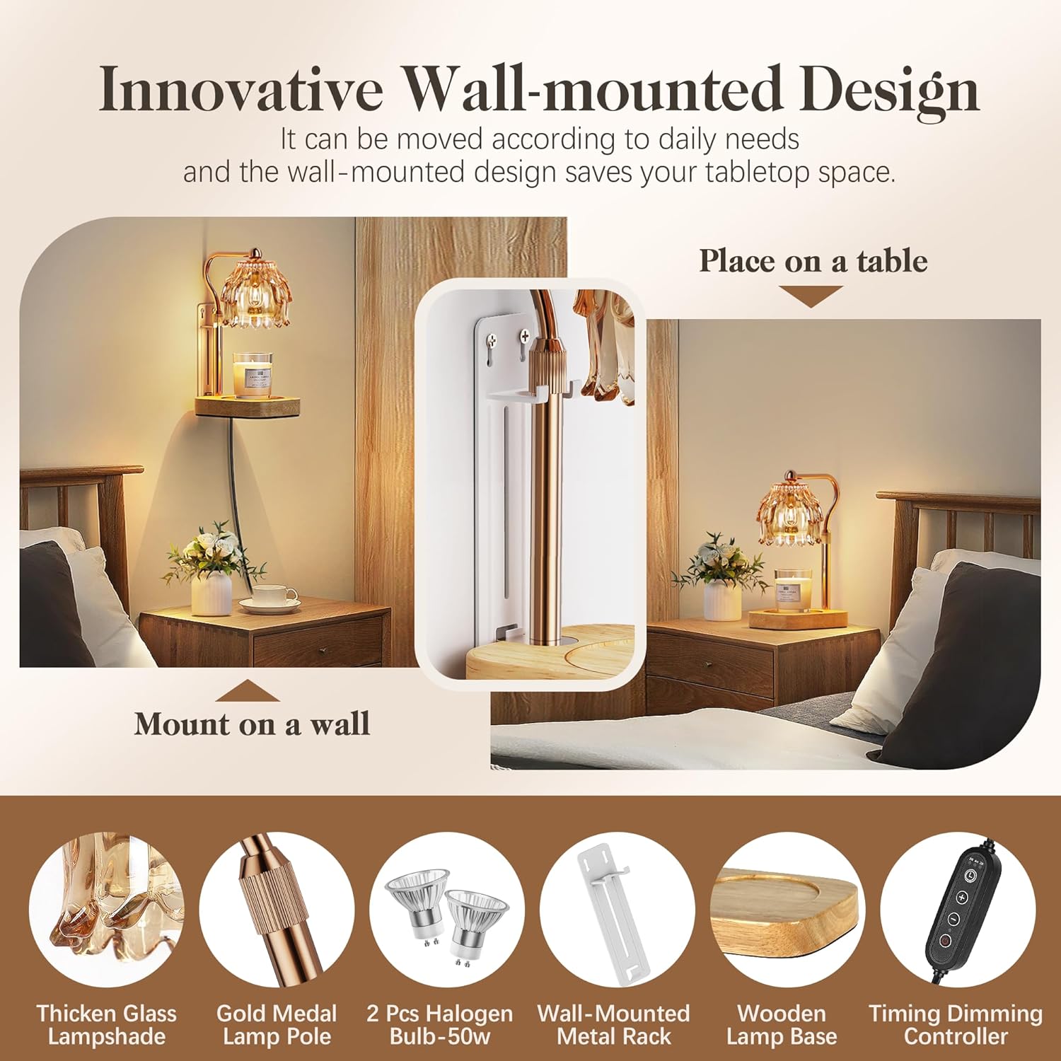 Candle Warmer Lamp with Timer Dimmer, Modern Wax Warmer for Scented Wax Jar Candle Warmer with 2 Bulbs, Adjustable Height Glass Lamp for Gifts for Women, House Warming Gifts, Home Decor, Gold Amber