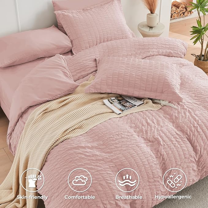 HYMOKEGE Rose Gold Twin Comforter Set Seersucker 5 Pieces, All Season Luxury - Image 3