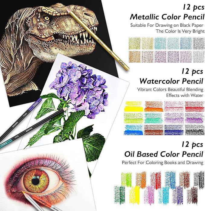 Caliart 176PCS Art Supplies Sketching Kit, 100 Sheets 3-Color Sketch Book | - Image 3