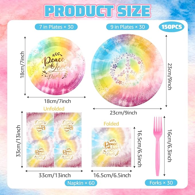 150 PCS Tie Dye Party Supplies, Pastel Tie Dye Tableware Set Napkin Peace Love - Image 2