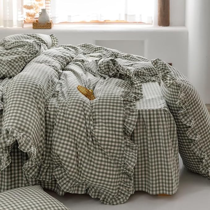 mixinni Green Gingham Ruffle Duvet Cover Twin XL Size 3 Pieces – 100% Washed - Image 6