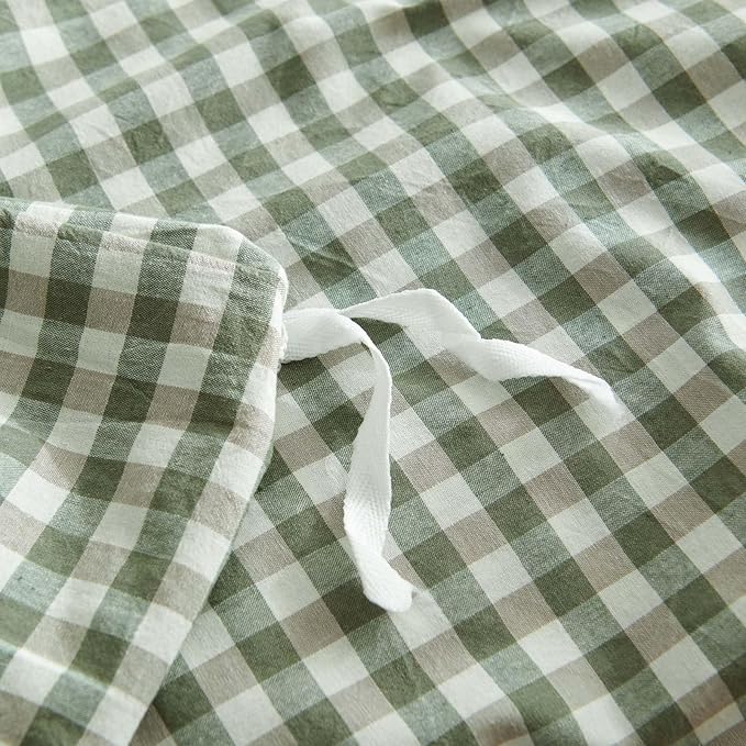 Nayoroom Gingham Duvet Cover King Size 100% Washed Cotton Green Plaid Checkered - Image 7