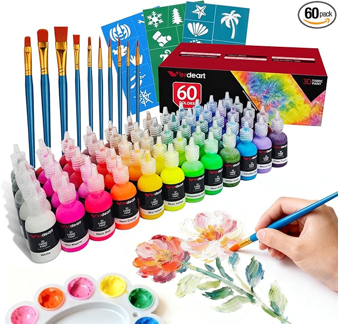 60 Color Fabric Paint Set – 3D Puffy Permanent Textile Paint by Verdeart