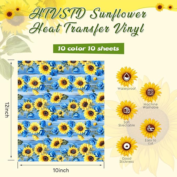 HTVSTD Sunflower HTV Heat Transfer Vinyl 10 Sheets 12×10in Iron on Vinyl | - Image 2