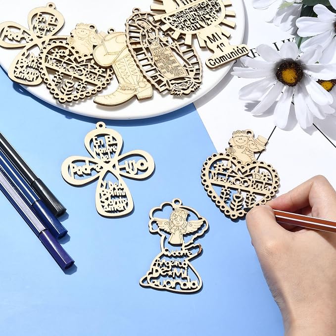 35 pcs 7 Styles Wedding Theme Wood Cutout Charms Angel Goddess Heart Cross Sun - Image 4