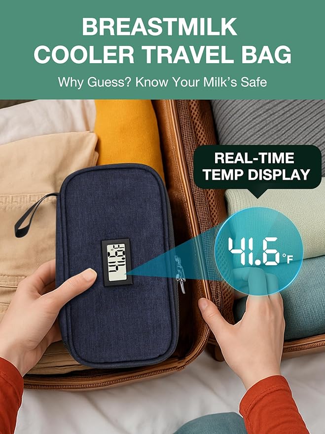 Breast Milk Cooler Travel Bag, Real-Time Temperature Display, Holds 20oz Breastmilk Storage Bag with 2 Breast Milk Ice Pack, Cooling & Waterproof Portable Cooler for Moms on The Go (Blue)