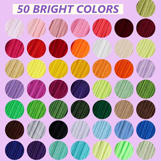 Cwczhi 1500 PCS Pipe Cleaners, 50 Colors Creative Chenille Stems Craft | Fuzzy - Image 3