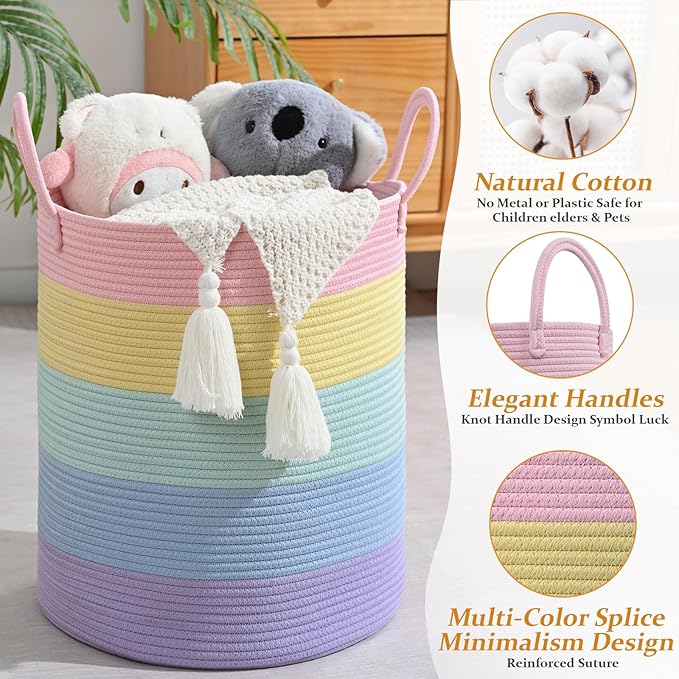52L Rainbow Storage Basket for Organizing, 15"×18" Large Tall Laundry Baskets, Cotton Rope Woven Blanket Basket, Toy Storage for Kids, Collapsible Laundry Hamper for Living Room, Nursery Room