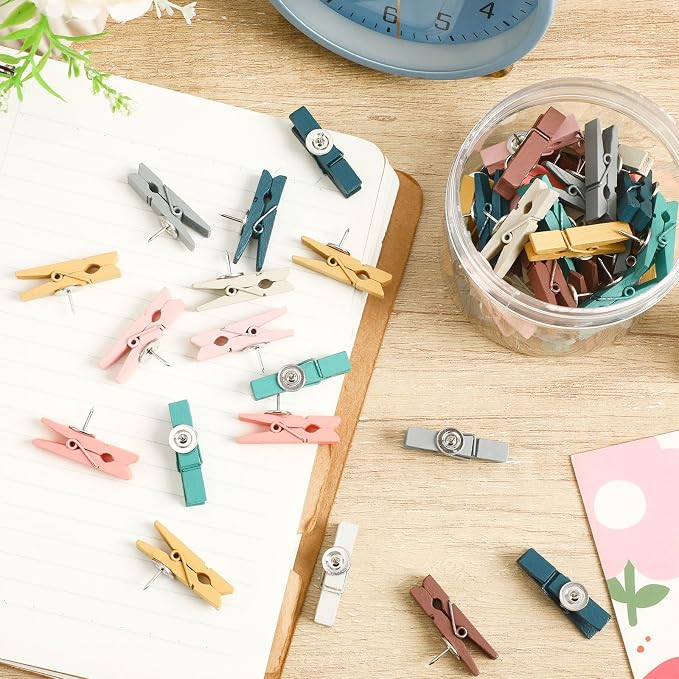 SANNIX 50Pcs Wooden Push Pin Clips, Morandi Wooden Clips - Image 3